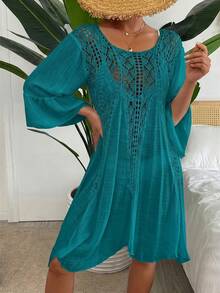 Swim Vcay Đầm trễ vai móc len phong cách Boho, thanh lịch, thường ngày, thích hợp cho mùa xuân hè, đi biển, dự tiệc, đi biển, đi nghỉ mát, đi dự tiệc. - Màu xanh ngọc - Xem 6