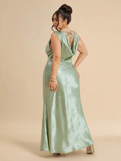 SHEIN BAE CURVE Plus Size Women's Satin Floral Print Elegant Draped Neck Sleeveless Dress, Suitable For Evening Party, Business Occasions