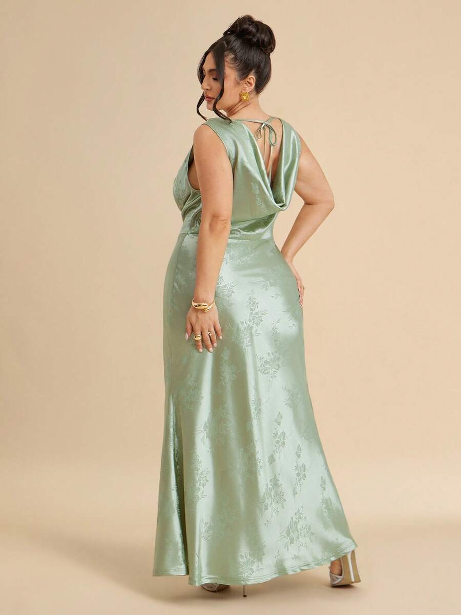 SHEIN BAE CURVE 大码女式缎面印花优雅垂褶领无袖连衣裙，适合晚宴、商务场合