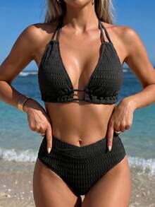Swim Basics 女士實色露肩頸帶性感比基尼套裝，適合度假 - 黑色 - 查看 5