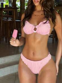 Vaytide Bộ đồ bơi bikini đi biển thường ngày SXY-D vải jacquard trơn màu dễ thương có dây buộc có thể điều chỉnh cho nữ - Hồng - Xem 1
