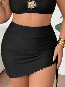 SHEIN CURVE+ 大码女式夏季沙滩贝壳边抽绳腰裙 - 黑色 - 查看 1