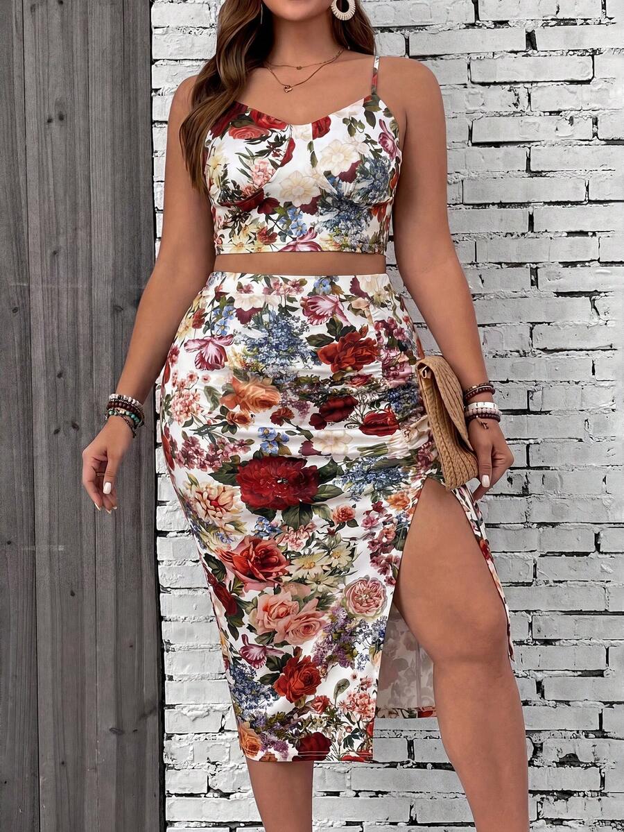 SHEIN VCAY Conjunto de 2 piezas de camiseta de tirantes y falda con abertura en estampado de leopardo talla grande - Multicolor - Ver 1