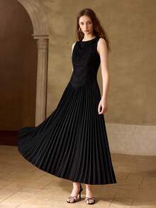 MOTF PREMIUM VESTIDO PLISSADO BORDADO RETALHOS EM LINHA A SEM MANGAS PARA MULHERES, PRIMAVERA/VERÃO - Preto - Visão 4