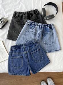 SHEIN 3pcs/Set Celana Pendek Denim Anak Perempuan Warna Putih, Biru, Abu-abu - MultiWarna - View 2