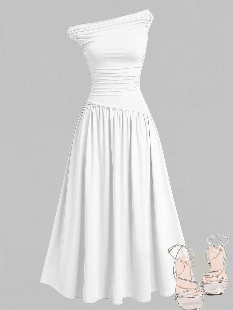 Girlism Tween Girls' White Knit Ruched Waist A-Line Long Dress, Elegant Versatile Simple White Dress - White - View 1