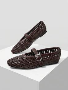 MOTF PREMIUM SPRING AND SUMMER NEW FRENCH BROWN FASHION RETRO HOLLOW WOVEN FISHING NET SHOES WOMEN'S BALLET SHOES SQUARE TOE FLAT MARY JANE SHOES LIGHT AND COMFORTABLE MULTI-FUNCTIONAL BREATHABLE WEAR-RESISTANT DOES NOT HURT FEET CASUAL TEMPERAMENT HIGH-END BEACH SHOES - Coffee - View 9