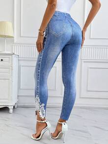 SHEIN Clasi Pantalones de mujer de corte ajustado con estampado de mezclilla para otoño, cita nocturna, uso diario, brunch, golf, trabajo, salida, semiformal, sexy, casual, elegante, azul y blanco - Azul - Ver 2
