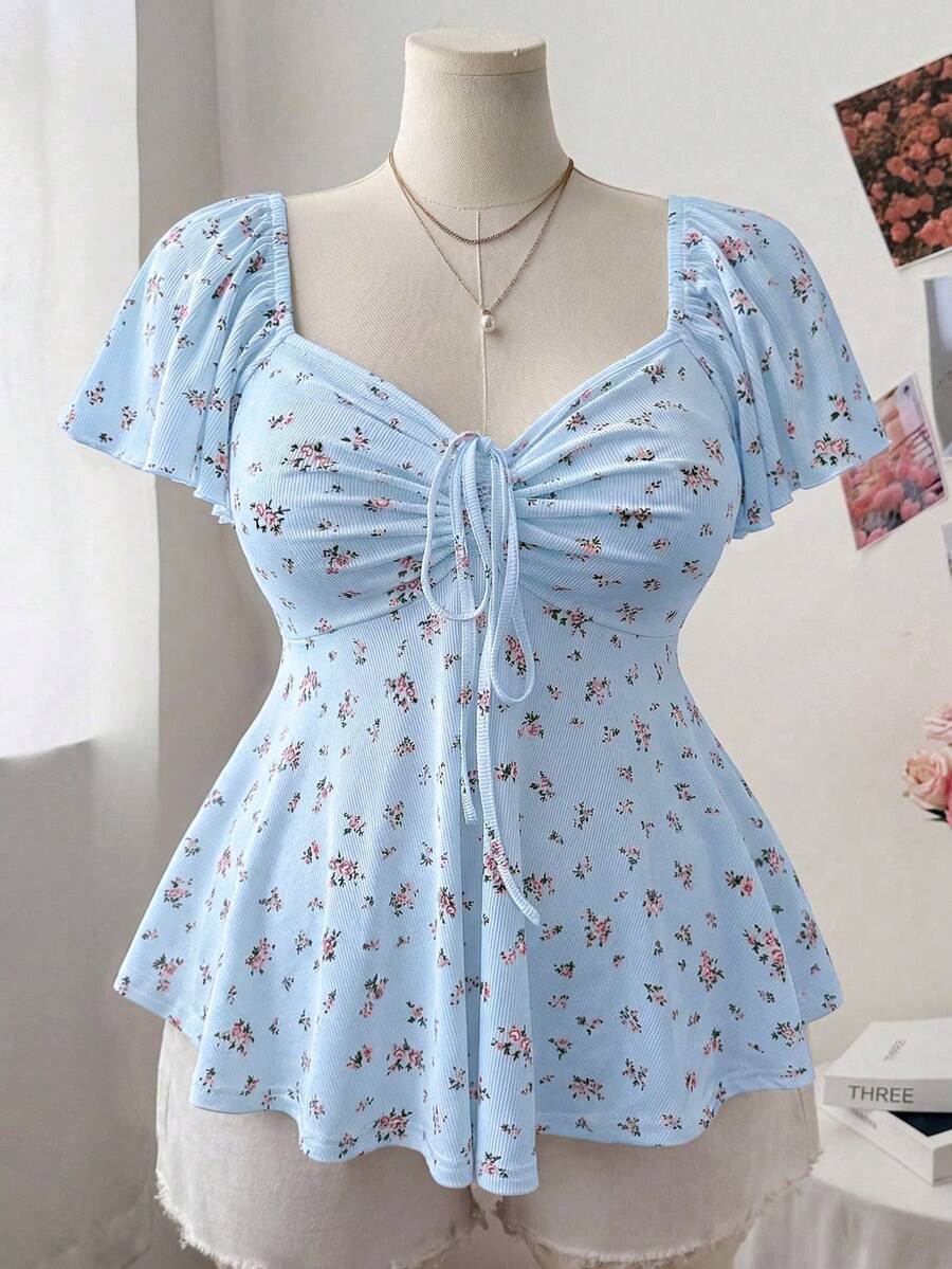 Sweetra Plus Size Women's Square Neck Drawstring Cap Sleeve Ruffle Sleeve Ditsy Floral Casual Cute Elegant Vacation A-Line T-Shirt, Spring/Summer - Blue - View 1