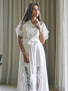 Alya Khalil 女款素色泡泡袖單排扣鏤空拼接洋裝 優雅 - 白色 - 查看 4