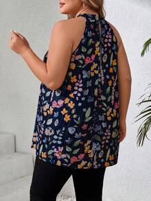 SHEIN CURVE+ Plus Size Women Floral Print Ruching Halter Blousesummer/Country/Beach Vacation Outfits/Beach Outfits/Beach Wear - Navy Blue - View 2