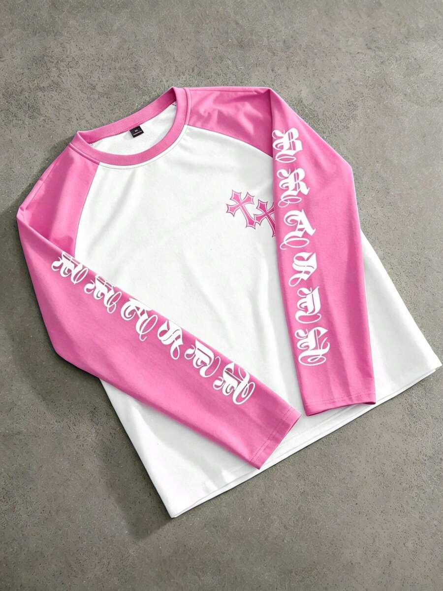 PAVTROS Men's Contrast Color Round Neck Raglan Sleeve Long Sleeve T-Shirt With Letter & Cross Print, Suitable For Daily Life, Travel And Vacation - Pink - View 1