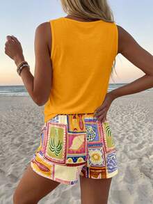 Sylviya Women's Casual Round Neck Tank Top And Shorts 2 Pieces Set, Suitable For Summer,Summer Outfits For Women - Multicolor - View 2