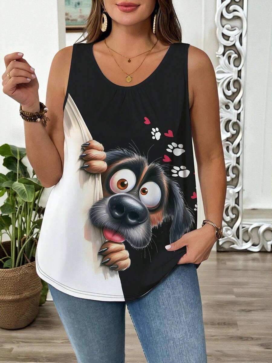 SHEIN LUNE Áo ba lỗ rộng rãi in hình chú chó dễ thương thường ngày cỡ lớn mùa hè - Nhiều màu - Xem 1