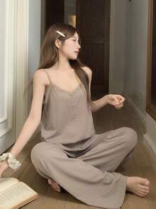 DAZY Women's Summer Simple Solid Color Contrast Lace Camisole And Pants Pajama Set - Khaki - View 3