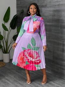 Slaydiva Elegant High-End Plus Size Women's Printed Blouse And Pleated Midi Skirt 2-Piece Set Fall - Mauve Purple - View 6