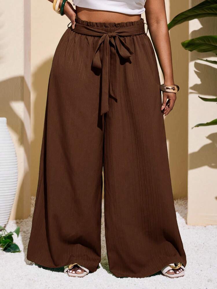 Slaydiva Plus Size Women Casual & Holiday & Minimalist & Colorful Textured Striped Green Straight Leg Pants - Brown - View 1