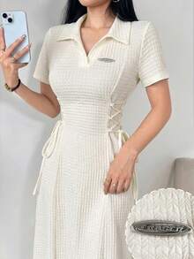 Modelyn 女士纯色贴花系带翻领短袖连衣裙长款女装晚礼服 - 杏色 - 查看 3
