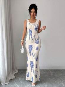 SHEIN Elenzya Exquisite Printed Chinoiserie Waist-Cinching Slit Luxurious Retro Middle Eastern UAE Style Robe, Tight Fit, Multi-Color, Sleeveless - Baby Blue - View 4