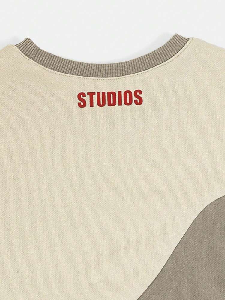 Boys Color Block Crew Neck Short Sleeve T-Shirt And Shorts Co-Ord Set With Globe Logo Print And Wavy Paneling Detail