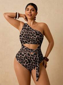 Travachic Vintage Leopard Print Contrast Color Plus Size One-Piece Swimsuit - Multicolor - View 7