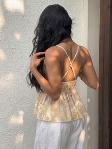 Flirla Atasan Camisole Wanita Kasual Liburan Musim Panas Motif Bohemian Tanpa Punggung dengan Hem Berumbai - Kuning - View 2