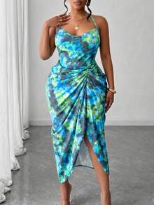Maweii Plus Size Summer Fashion Tie-Dye Print Ruched Backless Halter Dress - Blue - View 6