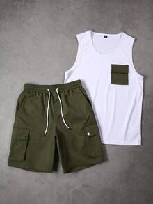 Manfinity CasualCool Men's Contrast Color Casual Tank Top And Shorts Set, Spring/Summer - Multicolor - View 4
