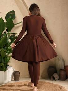 Swim Mulvari Plus Size Solid Color Minimalist Long Sleeve Burkini Set - Brown - View 2