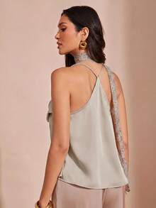 Hauture Áo hai dây satin cổ đổ phối khăn choàng cho nữ, thích hợp cho dịp lễ hội, năm mới và hẹn hò. - Màu Khaki - Xem 2