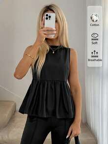 SHEIN LUNE Plus Size Women Versatile Solid Color Ruffle Hem Blouse Day Black Summer Casual - Black - View 9