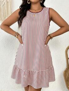 SHEIN Frenchy Plus Size Women Striped Backless Ruffle Hem Casual Sleeveless Dress - Red - View 4