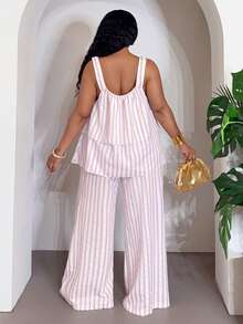 Slaydiva Bộ đồ hè thanh lịch dành cho nữ gồm 2 món, áo hai dây xếp ly hai lớp màu hồng trắng kẻ sọc + quần ống rộng cạp cao, trang phục thường ngày năng động, phong cách đường phố thời thượng trên dành cho phái nữ. - Hồng - Xem 2