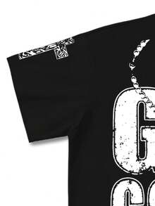 Manfinity EMRG Conjunto de camiseta y pantalones cortos con estampado de letra de fe retro callejero para hombres, vacaciones - Negro - Ver 4