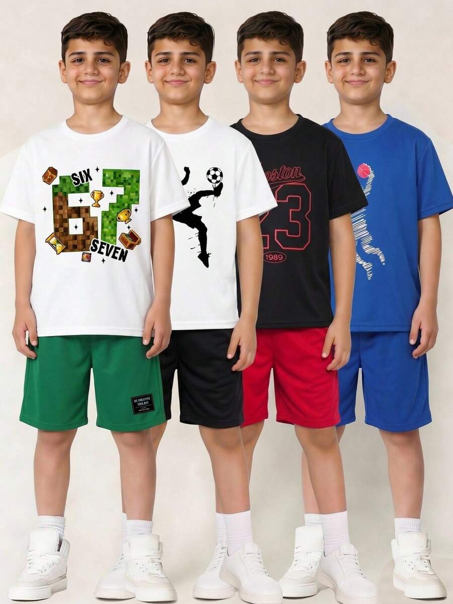 SHEIN 3套买二送一，儿童/青少年男童休闲运动百搭数字印花圆领宽松短袖T恤短裤套装，白色T恤套装，蓝色T恤套装，黑色T恤套装，基础款上衣，基础款下装，Y2K套装，SS26，夏季上衣，夏季短裤，夏季套装，男童套装，适合春夏、郊游、情人节、约会、旅行、度假、家庭聚会、返校、婚礼、派对、运动、生日派对等场合。