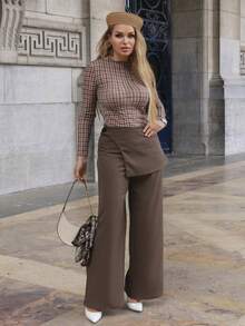 Elenary Edit Women Brown Overlay Formal Pants, Suitable For Back To School Season, Workwear In Fall/Winter, Wide Leg Pants,Fall,Fall Clothes For Women - Brown - View 1