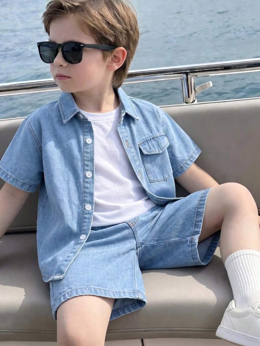 SHEIN Genkimix Kids 男童牛仔套装 夏季新款 复古风 浅蓝色水洗牛仔布 宽松版型 柔软棉质牛仔面料 日常穿着 海滩周末度假风 夏季基础休闲套装