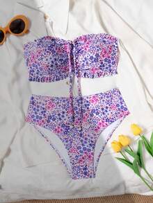 SHEIN Swim Women Beach Summer Outfits, New Ruffled Tube Top & Ditsy Floral Matching Pearl Decor Drawstring Bikini Set Set - Multicolor - View 5