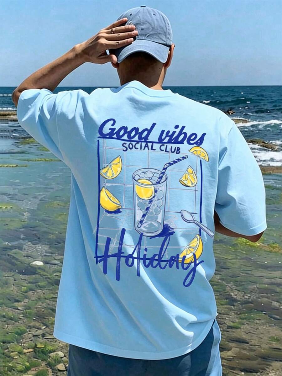 Solantero Áo thun nam tay ngắn phong cách nghỉ dưỡng Good Vibes! Họa tiết chanh tươi mát + khẩu hiệu thư giãn, phối màu xanh dương và trắng tươi mới + họa tiết mang lại cảm giác thư thái, tạo nên không khí nghỉ dưỡng khi mặc ra ngoài. - Nhiều màu - Xem 1