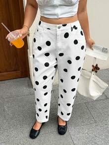 Rivivi Plus Size High Waist Polka Dot Mom Jeans - White - View 7