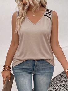EMERY ROSE Women's Leopard Print V-Neck Casual Versatile Tank Top, New Arrival Spring/Summer - Khaki - View 4