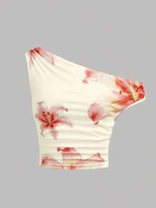 Girlism Bộ đồ dệt kim đồng bộ cho bé gái và thiếu niên, hàng mới về mùa xuân/hè, áo crop top ôm sát in hoa màu hồng cánh sen bất đối xứng vai và chân váy ngắn, thích hợp cho mùa hè và kỳ nghỉ. - Màu vàng - Xem 8