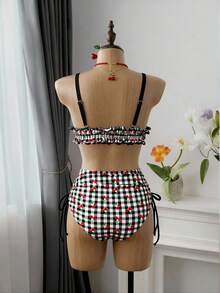 Swim Mod Plus Size Women's Swimwear, Sweet & Cute Beach Holiday Random Red Cherry Print Tie-Front Ruffle 2-Piece Set - Multicolor - View 8
