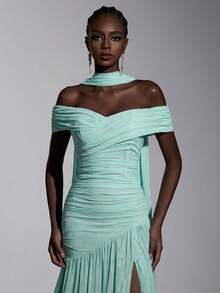 Elitara Elegant Minimalist Asymmetric Shoulder Ruched Split A-Line High Slit Dress,Suitable For Weddings,Formal Events,Galas,Evening Parties - Mint Blue - View 3