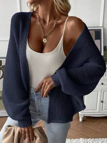 EMERY ROSE Women's Casual Solid Color Open Front Batwing Sleeve Cardigan - Navy Blue - View 1