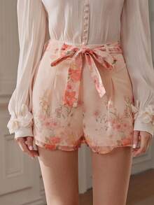 Anewsta Floral Print Organza Fabric A-Line Pocket Shorts For Vacation Blush Pink Summer Elegant - Multicolor - View 5