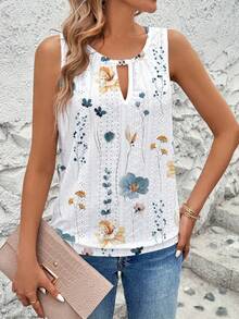 Breezaya Áo tank top không tay cổ khoét lỗ thêu họa tiết jacquard dành cho nữ, thích hợp cho mùa xuân/hè, phong cách thường ngày. - trắng - Xem 5
