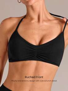 GLOWMODE Áo ngực thể thao FeatherFit™ có thể điều chỉnh, cổ yếm, không lưng, xếp ly phía trước, kèm mút chống trượt có thể tháo rời, thích hợp cho tập yoga, pilates và mặc hàng ngày. - màu đen - Xem 3