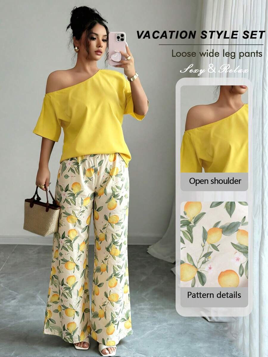 SHEIN VCAY Women's Vacation Asymmetrical Shoulder Solid Color Shirt And Lemon Print Casual Pants 2-Piece Set - Multicolor - View 1