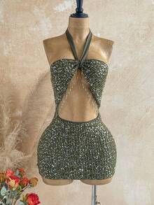 Soleia Army Green Sequin Tassel Decor Halter Backless Mini Dress,70s Boho Summer Night Out Party Vacation Beach Cruise Road Trip Holiday Music Festival - Green - View 7